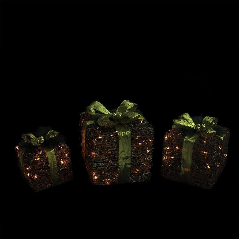 Northlight Lighted Glitter Rattan Gift Boxes Christmas Decoration - 12" - Clear Lights - Set of 3