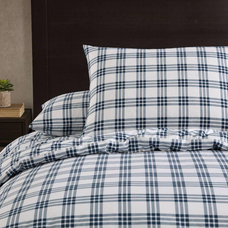 Navy Blue Plaid Cotton Full/Queen Duvet Set with Shams