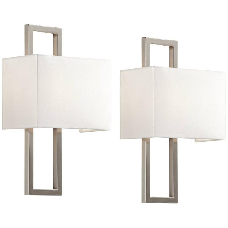 Set of 2 Brushed Nickel Rectangular Wall Sconces with Faux Silk Shade