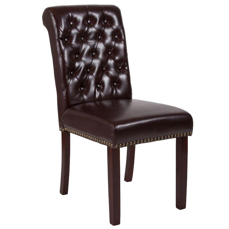 Brown Leather Parsons Side Chair with Walnut Finish