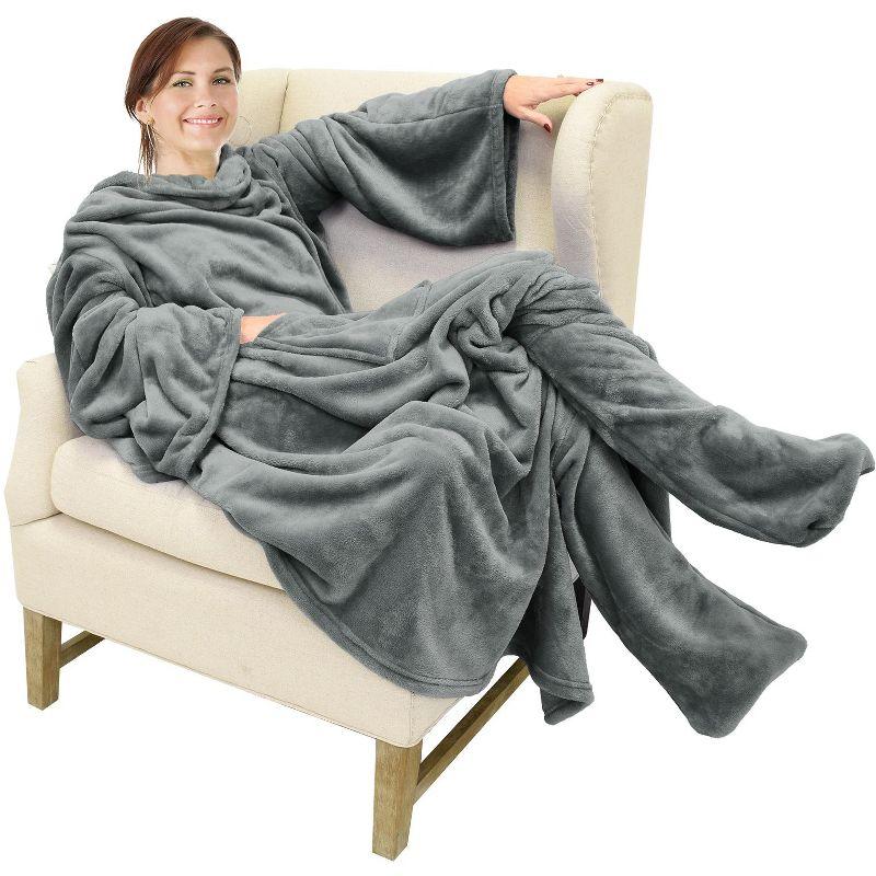 Gray Fleece Wearable Blanket with Sleeves and Foot Pockets