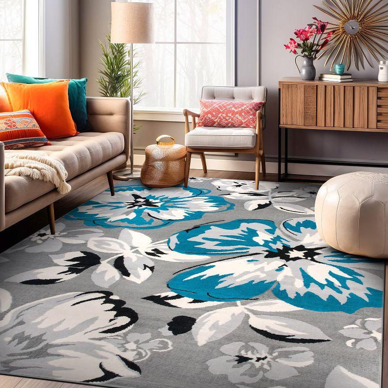 Modern Floral Blue Synthetic 6'6" x 9' Easy-Care Area Rug