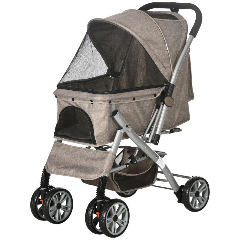 PawHut Travel Pet Stroller for Dogs, Cats, One-Click Fold Jogger Pushchair with Swivel Wheels, Brakes, Basket Storage, Safety Belts, Adjustable Canopy, Zippered Mesh Window Door