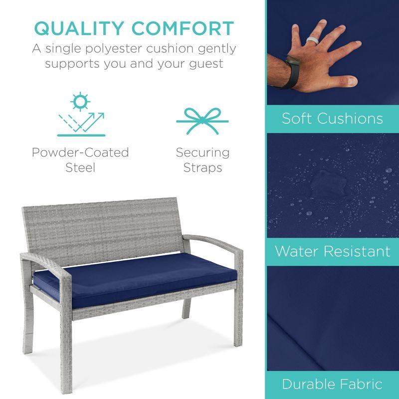 Gray Wicker 2-Person Outdoor Bench with Navy Cushion