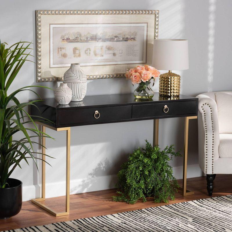 Beagan Wood and Metal 2 Drawer Console Table Black/Gold - Baxton Studio