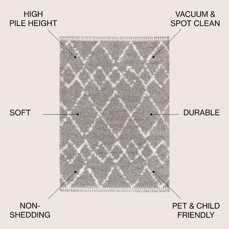 3'x5' Mercer Shag Plush Tassel Moroccan Geometric Trellis Area Rug, Grey/Cream - JONATHAN Y