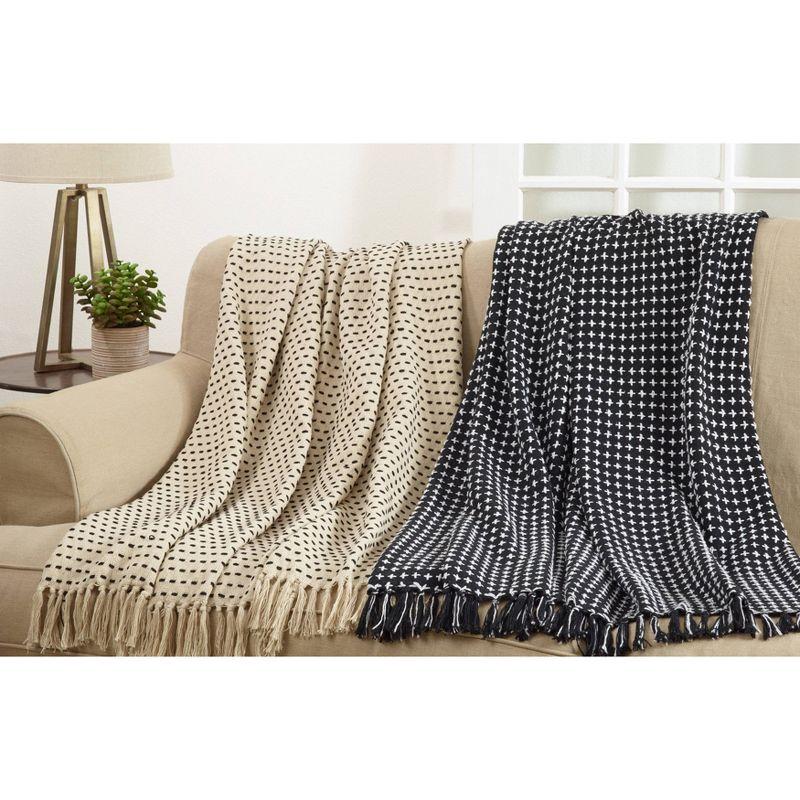 Black and White Cotton Cross Stitch Fringed Throw Blanket