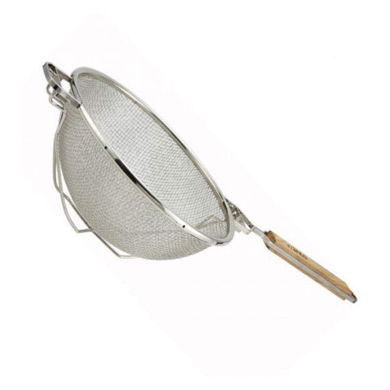 Winco 10.5" Silver Stainless Steel Double Mesh Strainer with Wood Handle