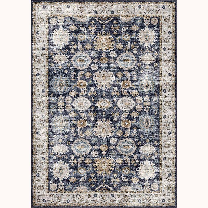 Navy Blue and Black Washable Synthetic Area Rug with Non-Slip Backing