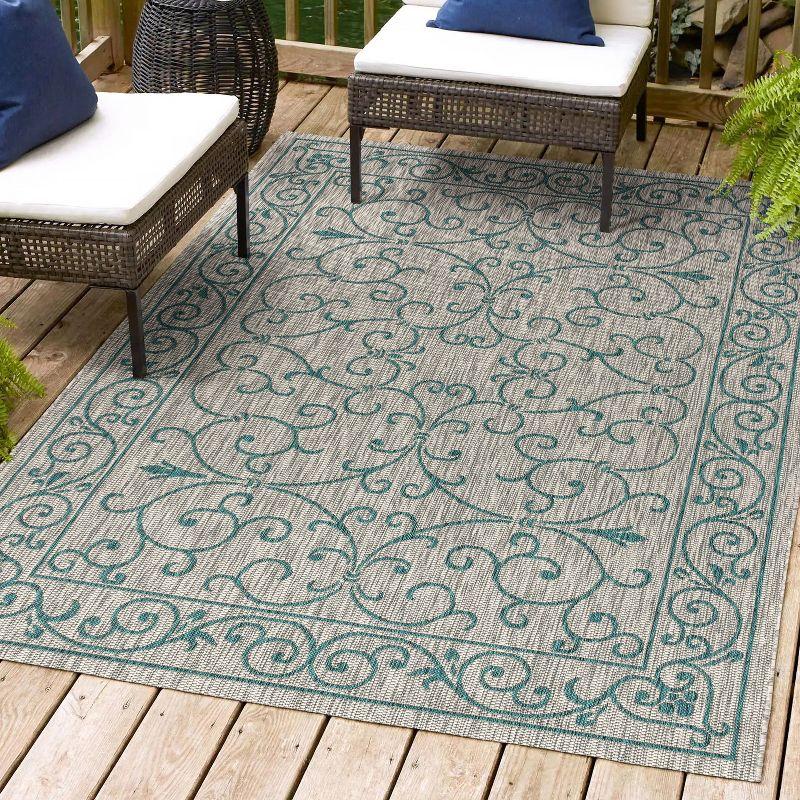 5'x8' Charleston Vintage Filigree Textured Weave Indoor/Outdoor Area Rug, Gray/Teal - JONATHAN Y