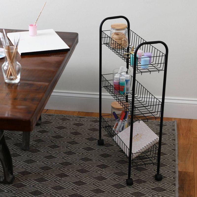 Household Essentials Slimline 3-Shelf Laundry Cart Black: Portable Steel Utility Storage Rack with 20 lb Capacity