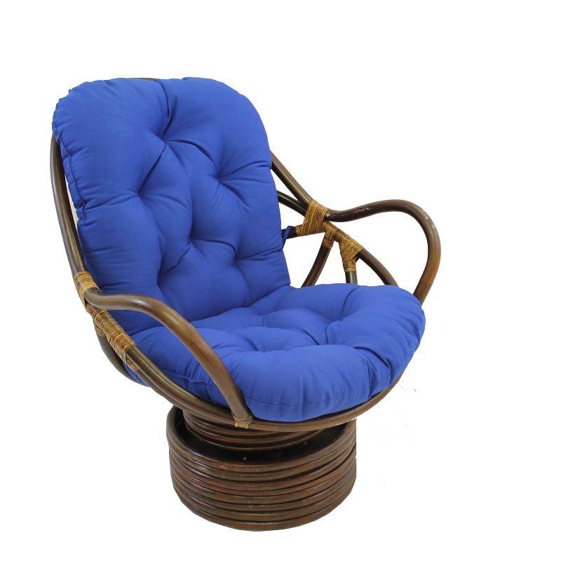 Bohemian Walnut Finish Rattan Swivel Rocker Chair with Royal Blue Twill Cushion