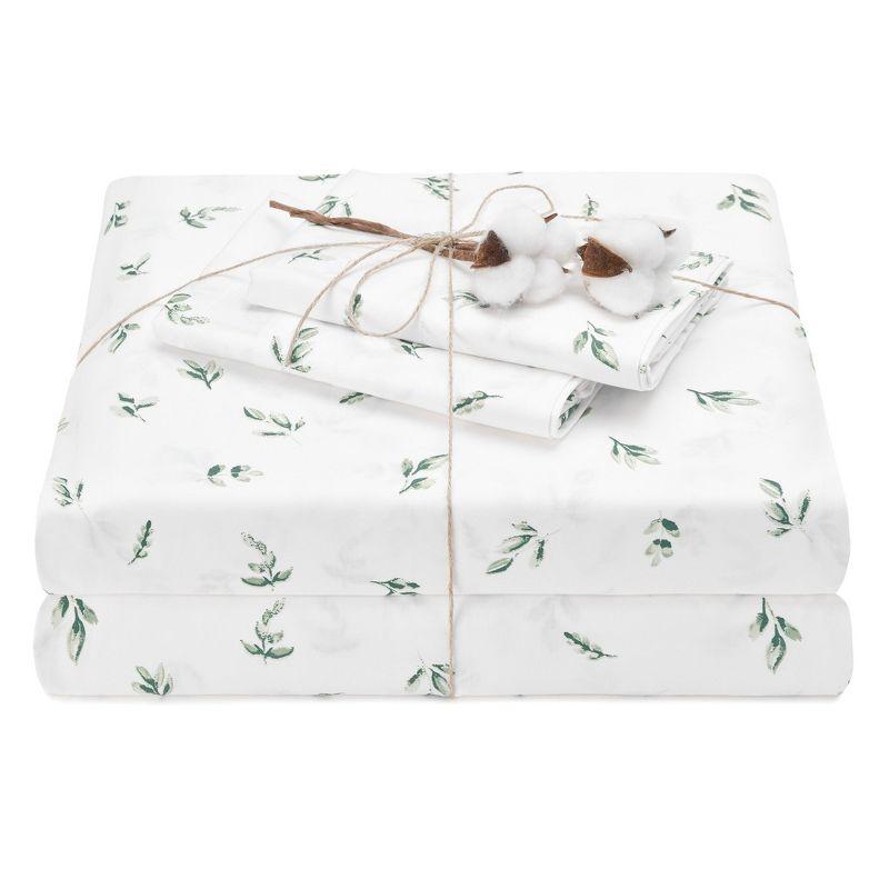 Elegant Cotton 100% Organic Cotton Printed Sheet Set - 4-Piece Set - Green Leaves, King Size