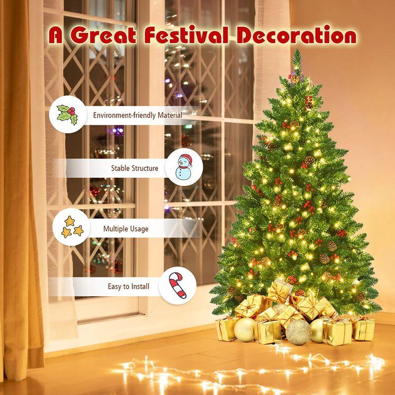 Costway 4.5Ft\6.5Ft\7.5Ft Pre-lit Hinged Christmas Tree w/ Pine Cones Red Berries and 300\450\450 LED Lights