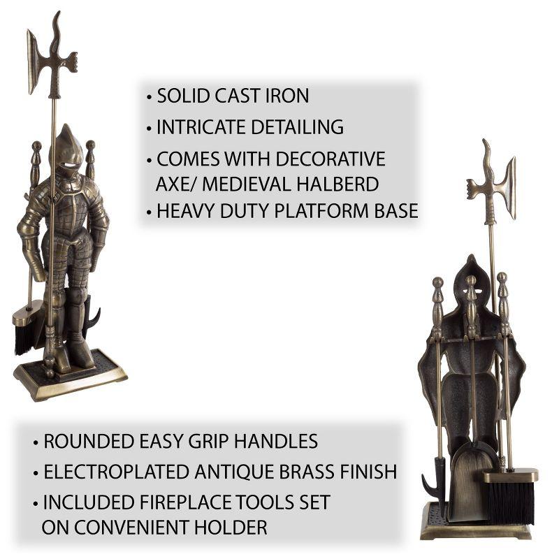 3-Piece Fireplace Tool Set- Medieval Knight Cast Iron Statue Holds Heavy Duty Essential Tools - Includes Shovel, Broom & Poker by Lavish Home
