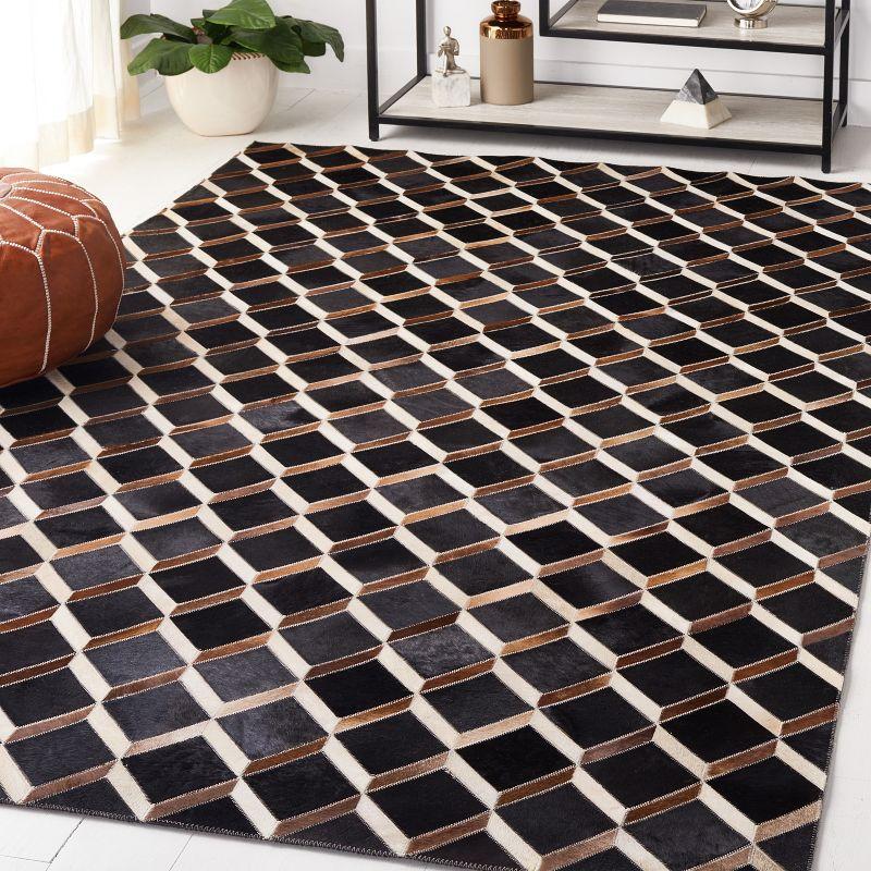 Contemporary Geometric Hand-Knotted Black and Brown Wool & Cowhide Rug - 3' x 5'