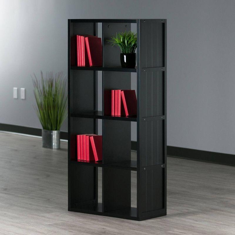 53" Black Wood Transitional 4x2 Cube Shelf with Wainscoting Panels