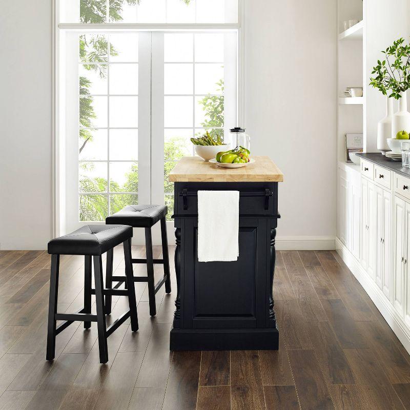 Oxford Kitchen Island with 2 Upholstered Saddle Stools Black - Crosley: Pass-Through Storage, Towel Bars, Wood Veneer