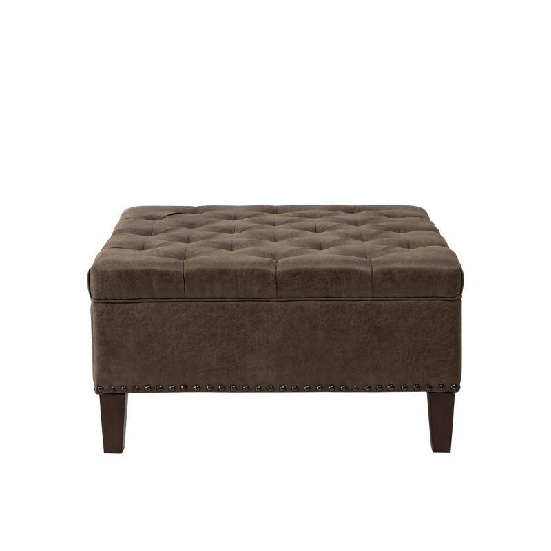 Brown Tufted Faux Leather Ottoman with Birch Legs