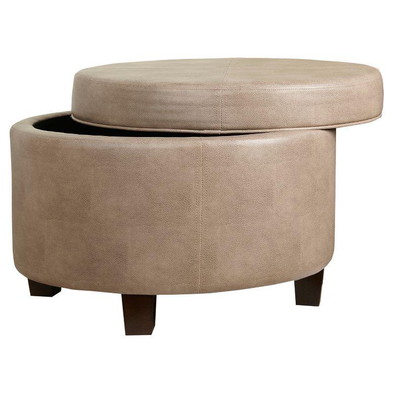 Taupe Faux Leather Round Ottoman with Storage - 24"