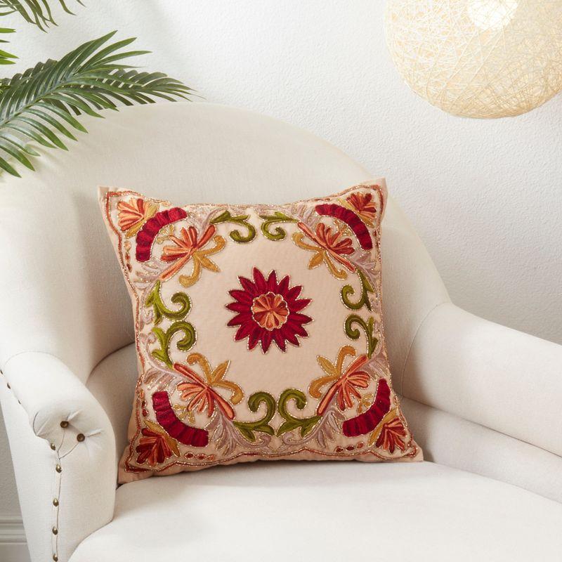 Saro Lifestyle Embroidered Floral Design Beaded Cotton Poly Filled Throw Pillow