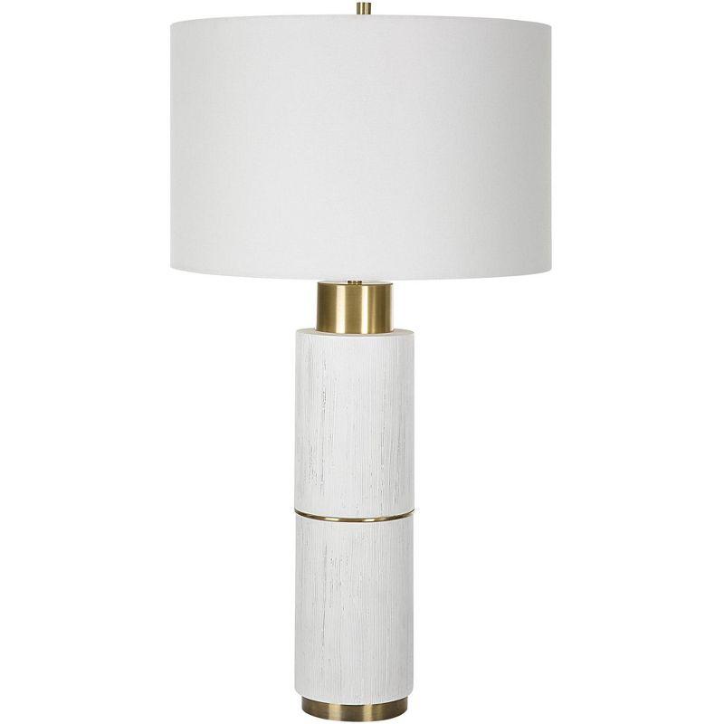 White-Washed Wood and Brass Table Lamp with Drum Shade