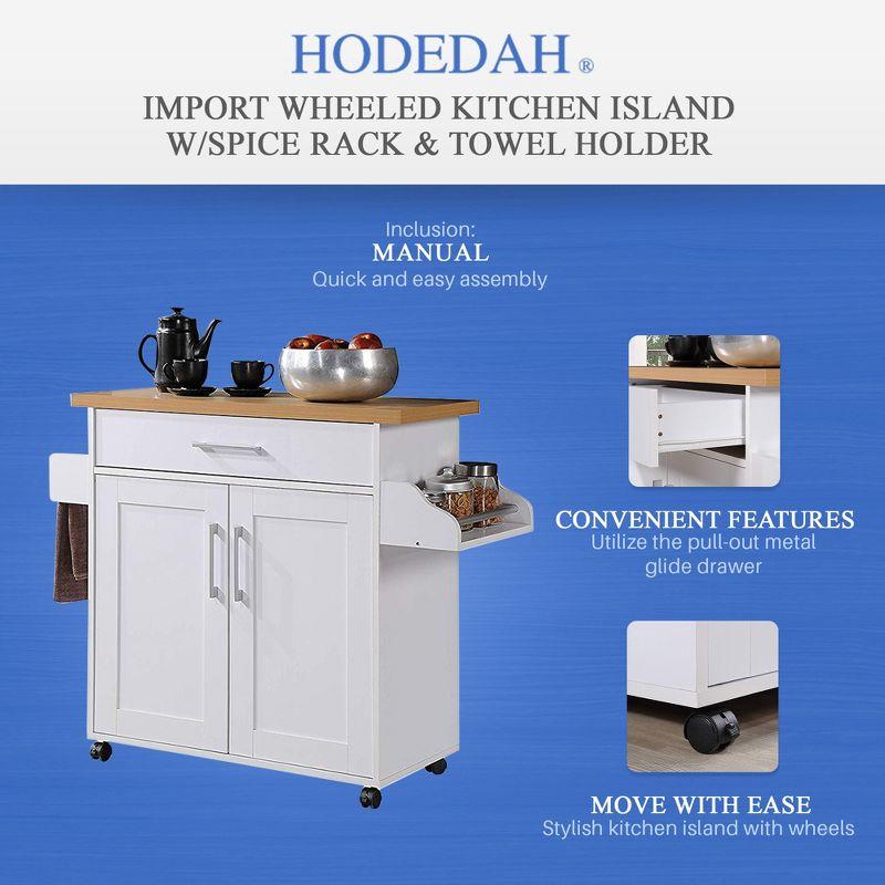 Hodedah Import Portable Kitchen Prep Storage Cart Island with Locking Wheels, Shelved Cabinet, Drawer, Spice Rack, and Towel Holder, Multicolor