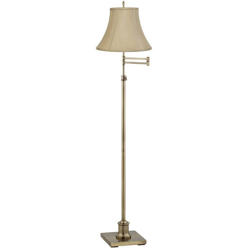 Antique Brass Finish Adjustable Floor Lamp with Taupe Fabric Bell Shade