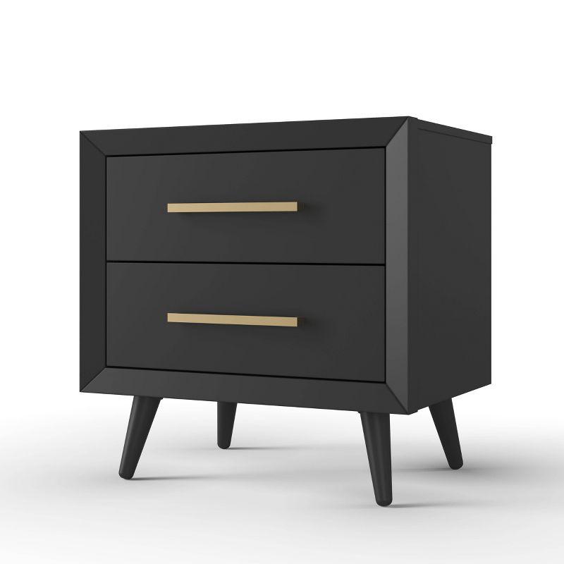 Ebony Pine Wood 2-Drawer Mid-Century Modern Nightstand