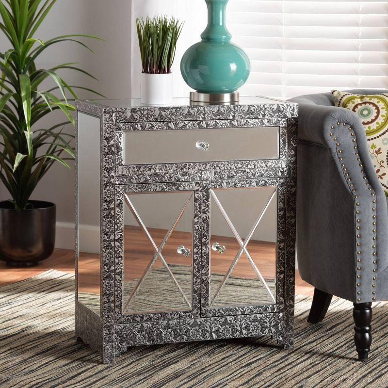 Wycliff Metal and Mirrored Glass 1 Drawer Sideboard Buffet Dark Gray/Silver - Baxton Studio: Embossed Trim, Fully Assembled