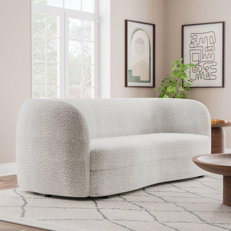 85" Off-White Boucle Fabric Curved Sofa with Wooden Legs