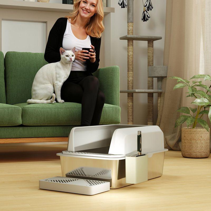 PawHut Stainless Steel Litter Box, Metal Litter Box High Sided, Anti-Urine Leakage, Non-Sticky, with Metal Scoop & Scoop Holder, 24" x 16" x 11"