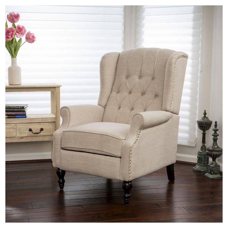 Walter Light Beige Fabric Recliner Club Chair - Christopher Knight Home: Elegant Tufted Wingback, Nailhead Trim, Polyester Upholstery