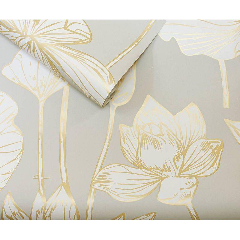 NextWall Lotus Floral Peel and Stick Wallpaper Light Gray: Adhesive Vinyl, Botanical Pattern, Contemporary Style, 30.75 Sq Ft Coverage