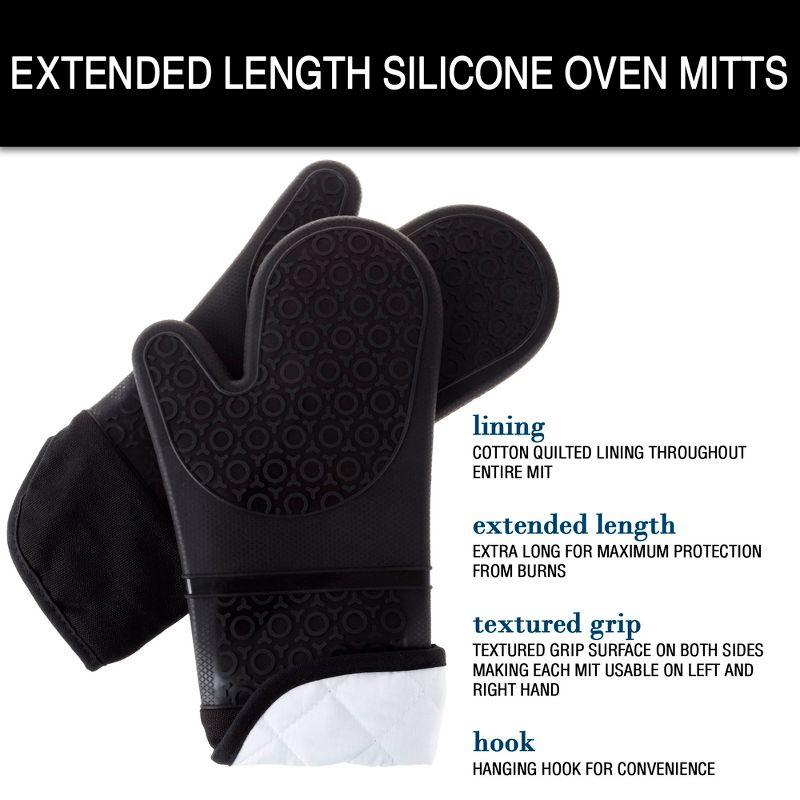 Hastings Home Extra-Long Silicone Oven Mitts - Heat-Resistant and Waterproof Potholders with Quilt Lining and 2-Sided Textured Grip