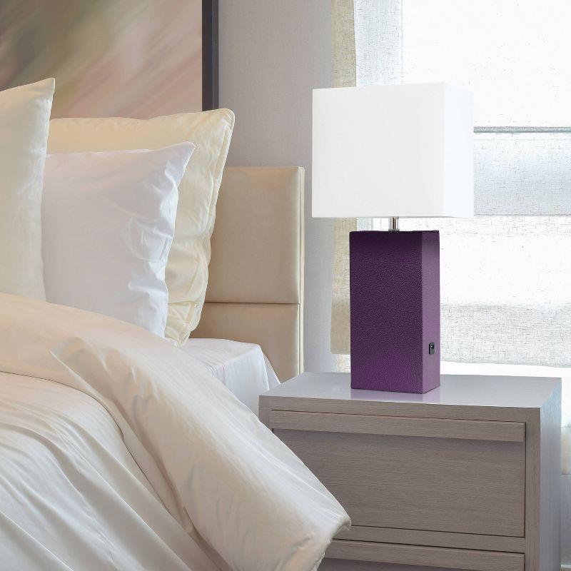 Modern Leather Table Lamp with USB and Fabric Shade Eggplant - Elegant Designs: No Assembly, UL Listed