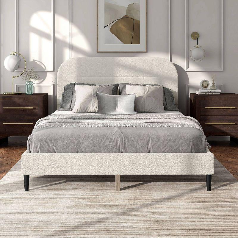 24/7 Shop At Home Queen Heartwild Modern Boucle Upholstered Rounded Platform Bed White: Padded Headboard, No Box Spring Required