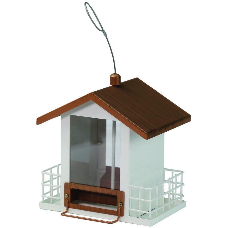 White and Brown Hanging Metal and Plastic Hopper Bird Feeder