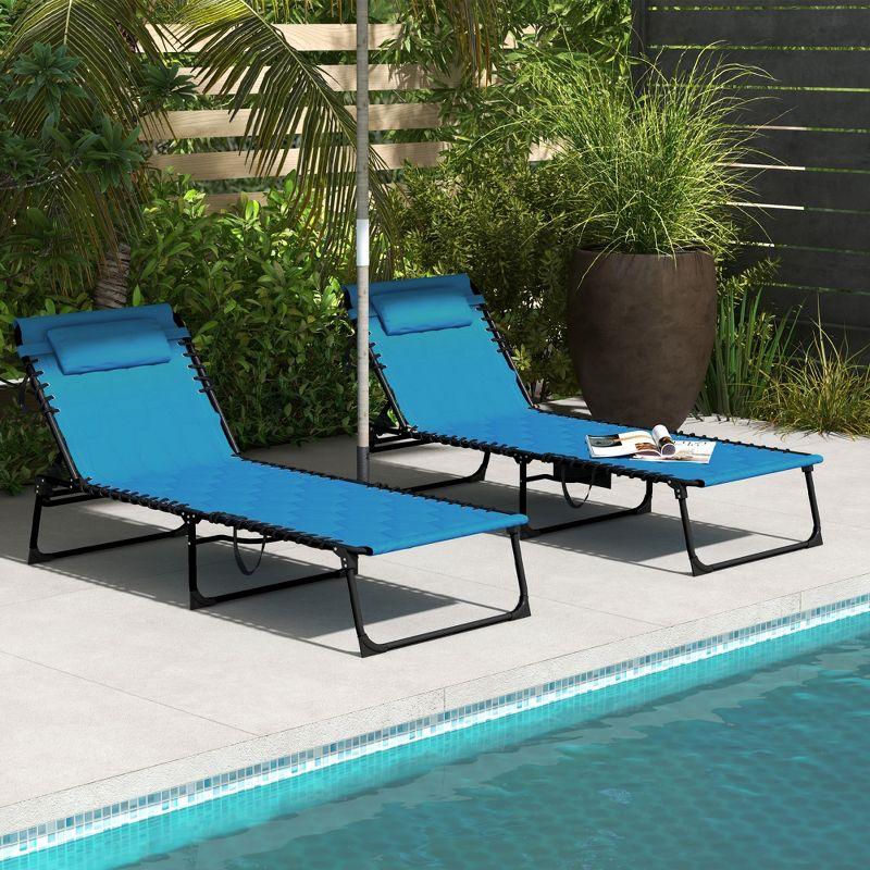 Outsunny Folding Chaise Lounge Set with 5-level Reclining Back, Outdoor Lounge Chairs with Padded Seat, Blue