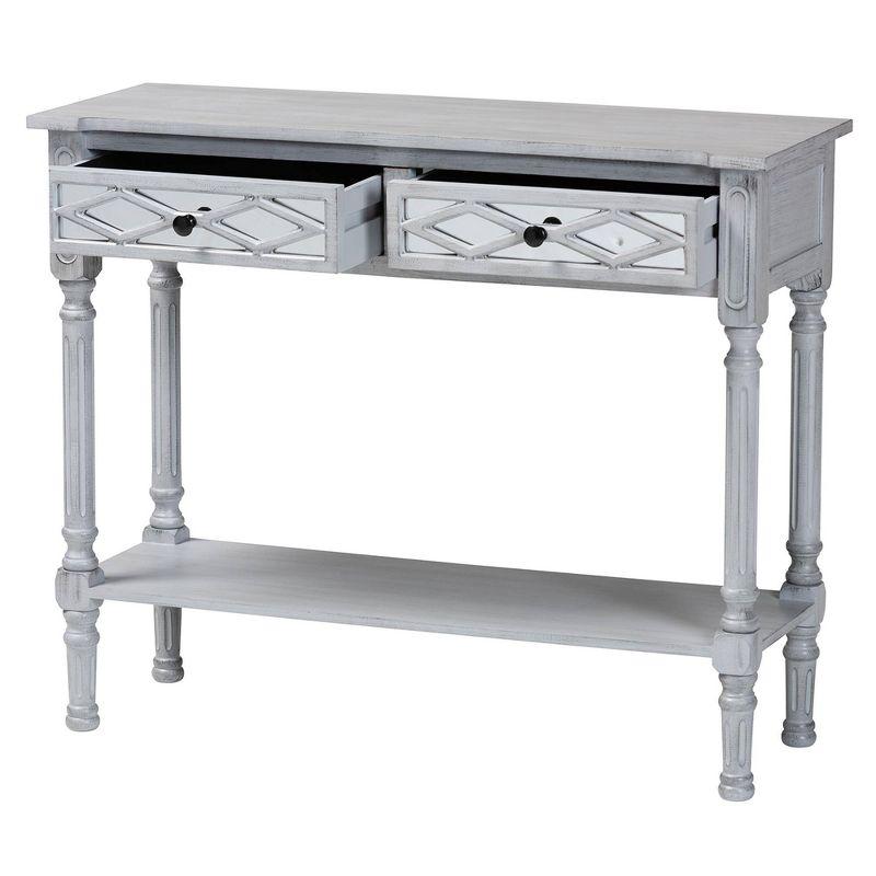 Baxton Studio Gellert Wood 2 Drawer Console Table Gray/Mirror: Traditional Design, Carved Detailing, Storage Shelf