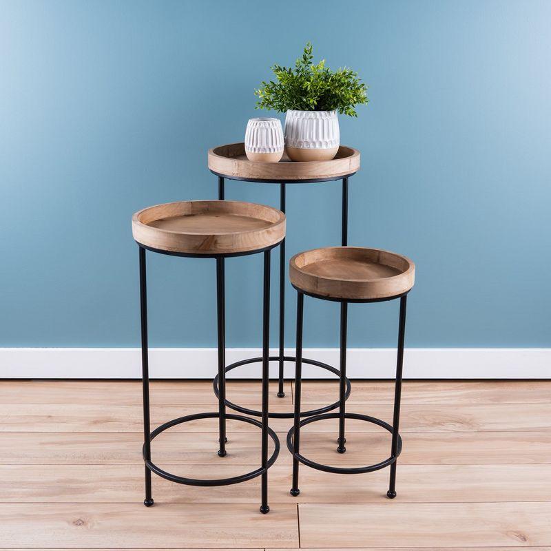 Round Wood and Metal Plant Stand Table (Set of 3)