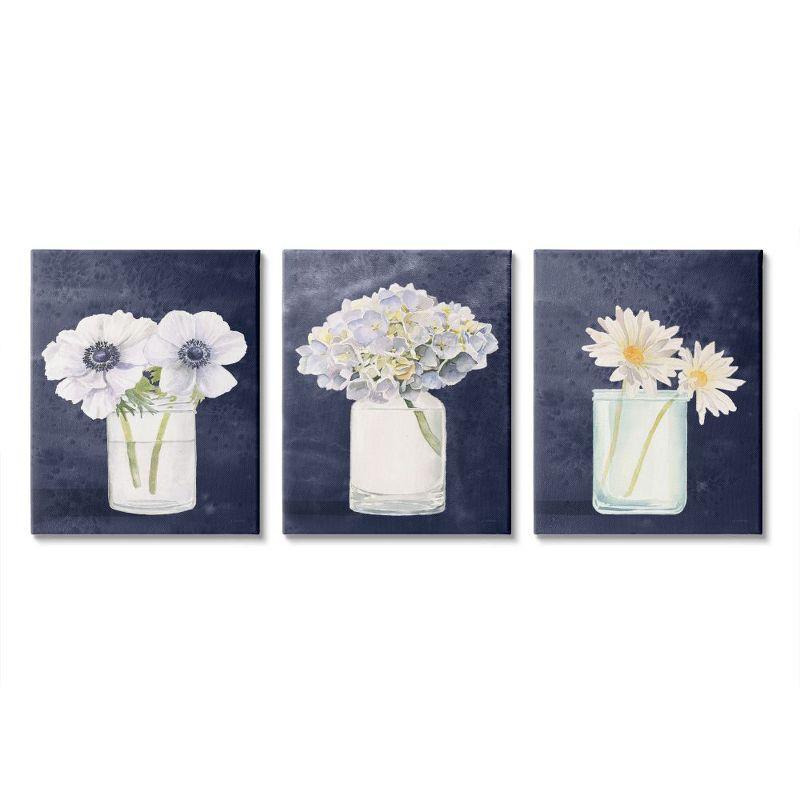 Stupell Industries Farmhouse Flower Bouquets Navy Blue White Painting Gallery Wrapped Canvas Wall Art 3pc Set, 24 x 30