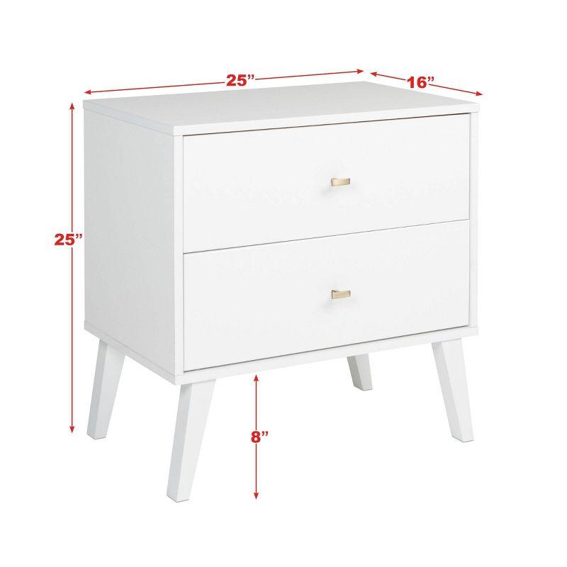 Mid Century Modern 2 Drawer Wide Nightstand White - Prepac: Sleek Bedside Table, Tapered Legs
