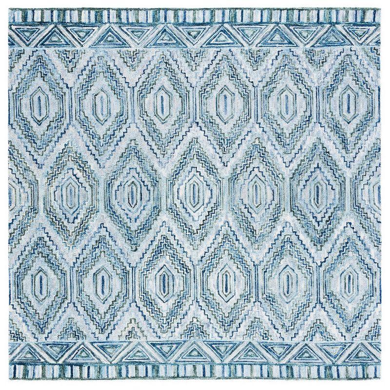 Rustic-Chic Blue Geometric Wool Square Area Rug - 7'x7'