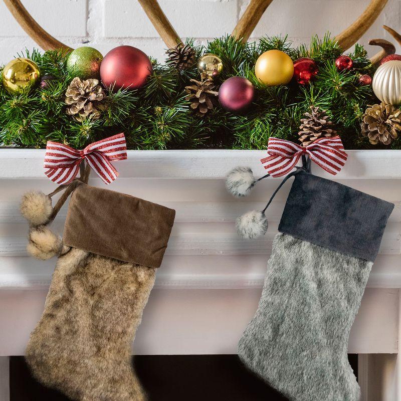 Northlight 20.5-Inch Gray Faux Fur Christmas Stocking with Corduroy Cuff and Pom Poms