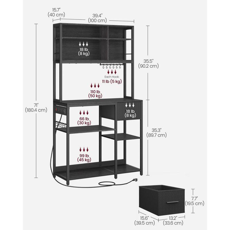 VASAGLE Bakers Rack with Charging Station, Coffee Bar with Adjustable Storage Shelves, 15.7 x 39.4 x 71 Inches, Kitchen Microwave Stand, Charcoal Gray