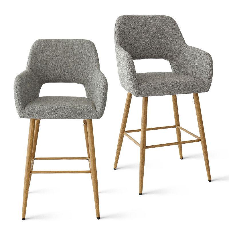 Atlanta Counter Height Bar Stools Set of 2 with Back and Armrest, Linen Fabric Upholstered Accent Barstools-Maison Boucle