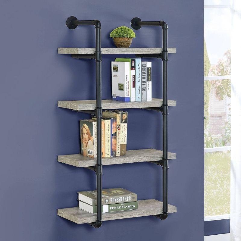 24" Elmcrest 4 Shelf Wall Bookcase with Black Frame Gray Driftwood - Coaster: Industrial Style, Laminated Steel & MDF