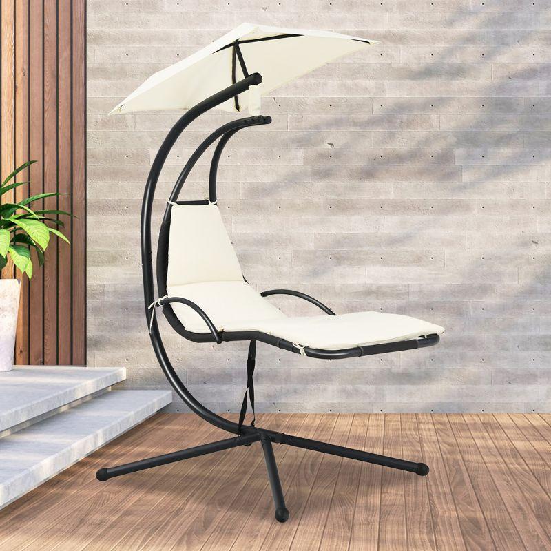 Tangkula Outdoor Hanging Chaise Lounge Chair Floating Chaise Swing Lounger w/Canopy & Cushion Beige