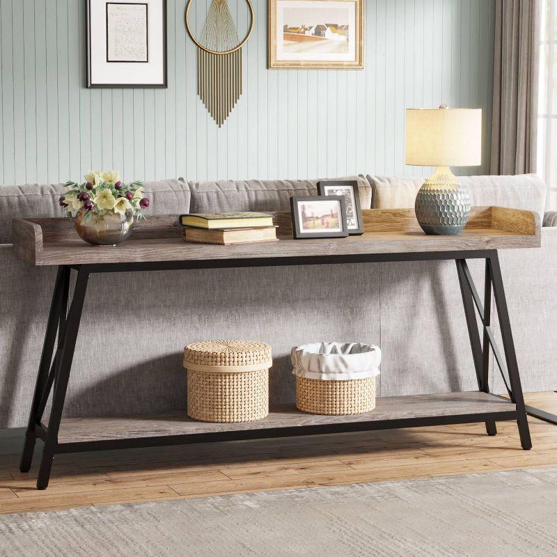 Industrial Gray Wood and Metal Console Table with Storage